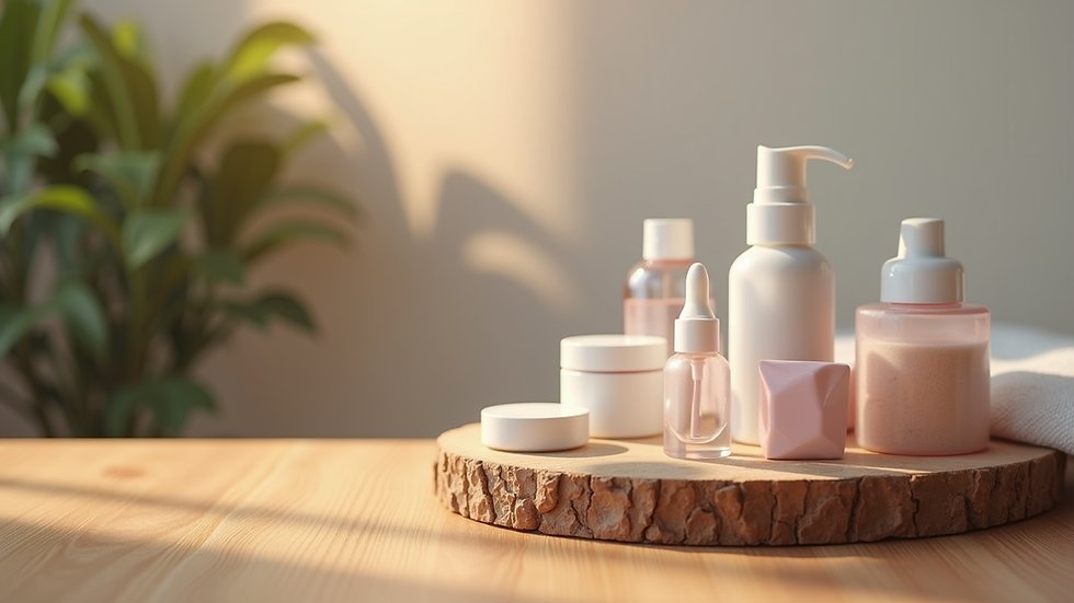 Eye-level view of nail care products on a wooden table
