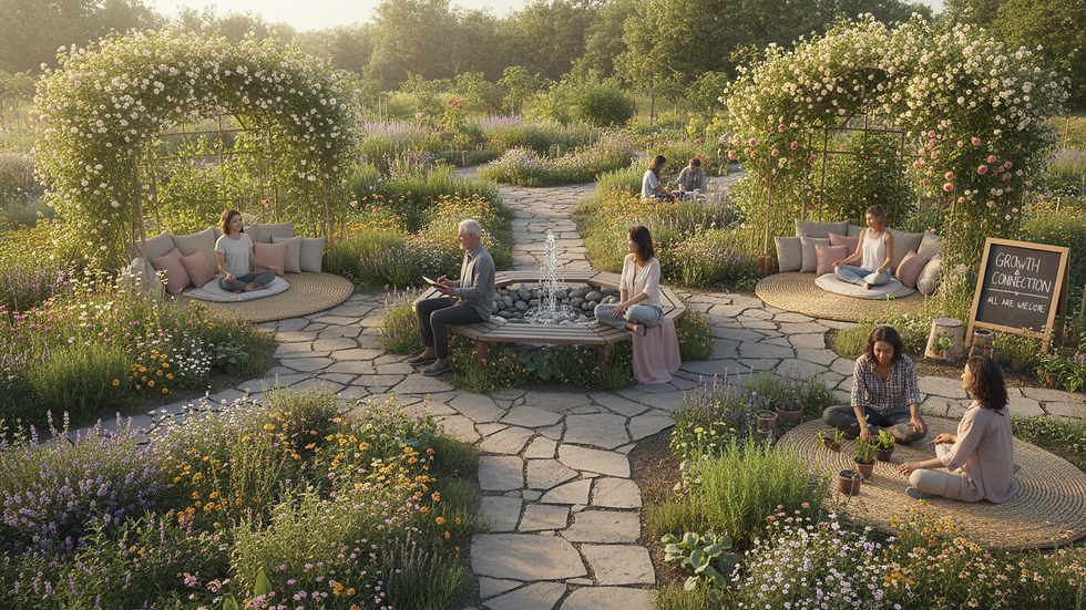 Wide angle view of a peaceful community garden with seating for meditation