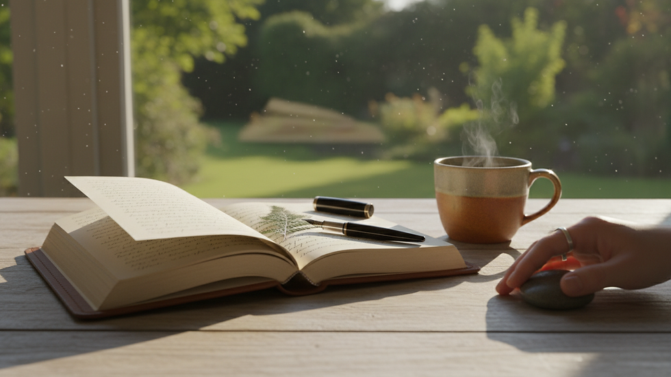 Close-up view of a journal and pen on a wooden table with soft morning light