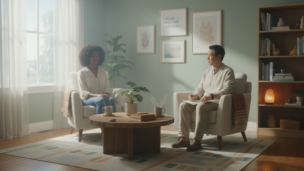 Eye-level view of a cozy counseling room with soft natural light
