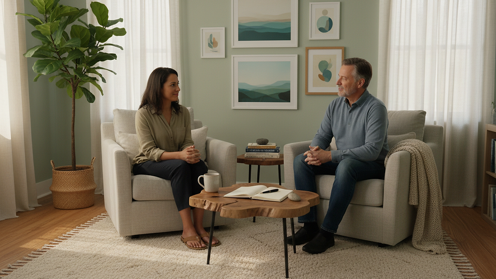 Eye-level view of a cozy counseling room with soft natural light