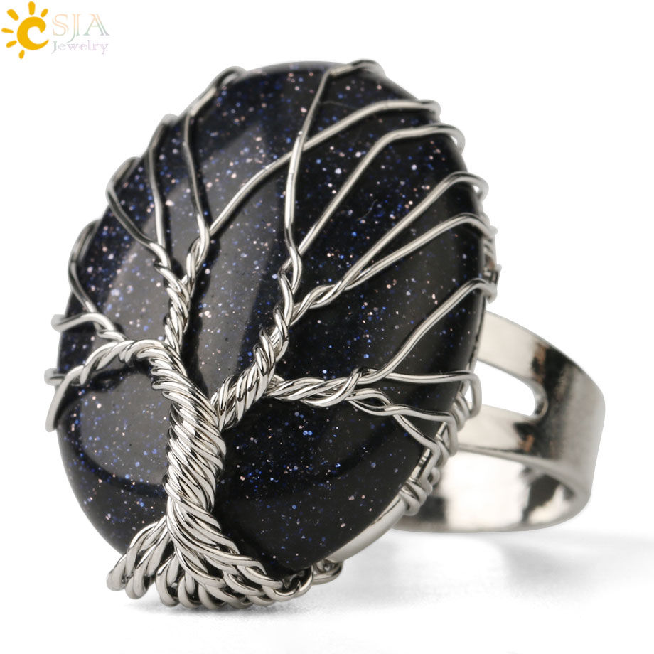 Thumbnail: CSJA Oval Reiki Natural Stone Finger Rings Silver-color Tree of Life Wrapped