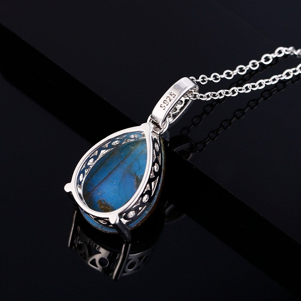 Silver Pendant Necklace Large Pear Shape 13 * 18MM Labradorite and Yellow Stone
