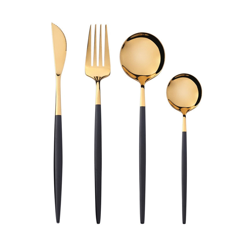 Thumbnail: 4pcs Black Tableware Cutlery-Set Knife Tea Dessert-Spoon Dinner-Fork Gold 