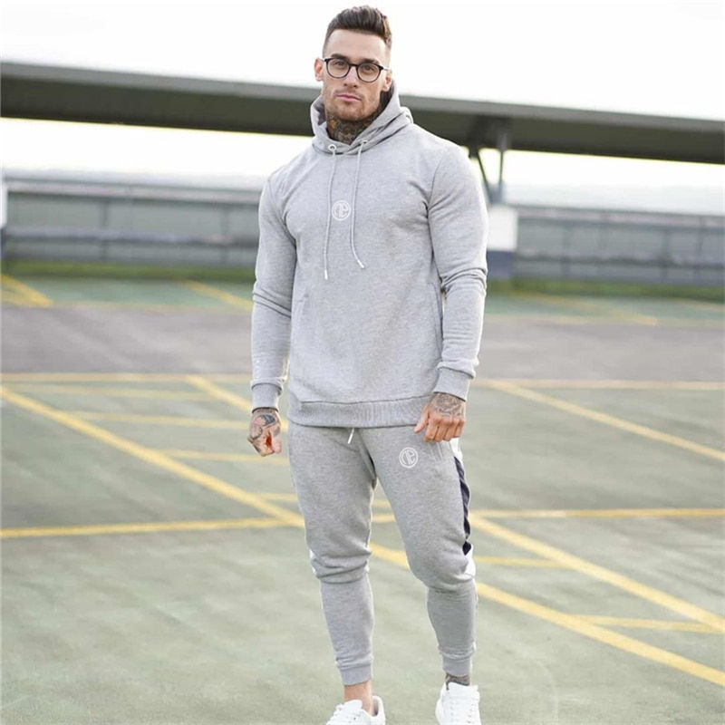 Thumbnail: Running sports track suit men sportswear sweatshirt + sports pants hoodie 