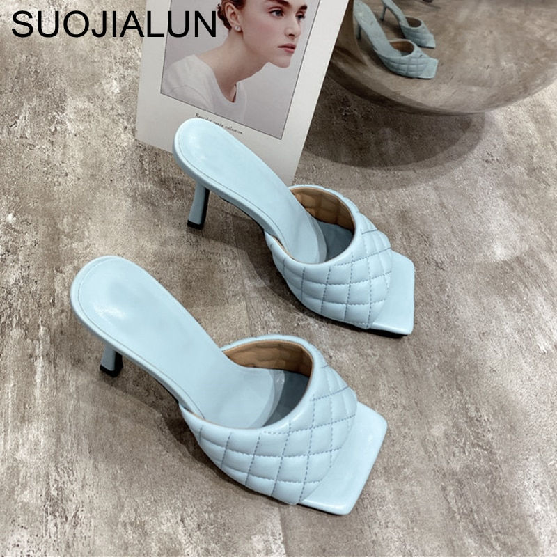 Thumbnail: SUOJIALUN 2021 Brand Design Women slippers Elegant Square Toe Heels 9CM 