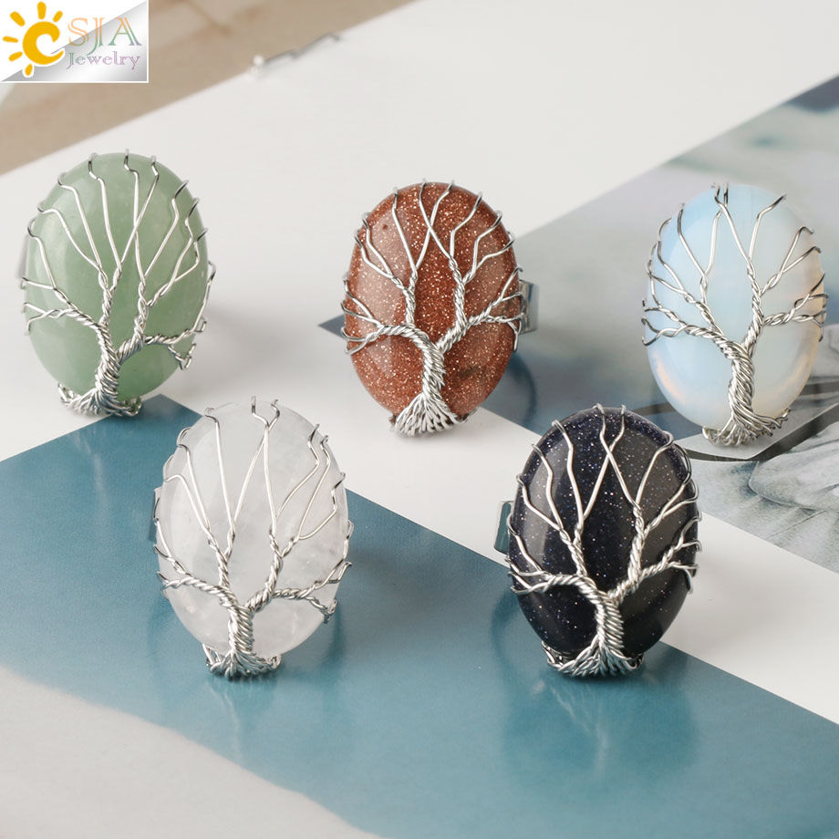 Thumbnail: CSJA Oval Reiki Natural Stone Finger Rings Silver-color Tree of Life Wrapped