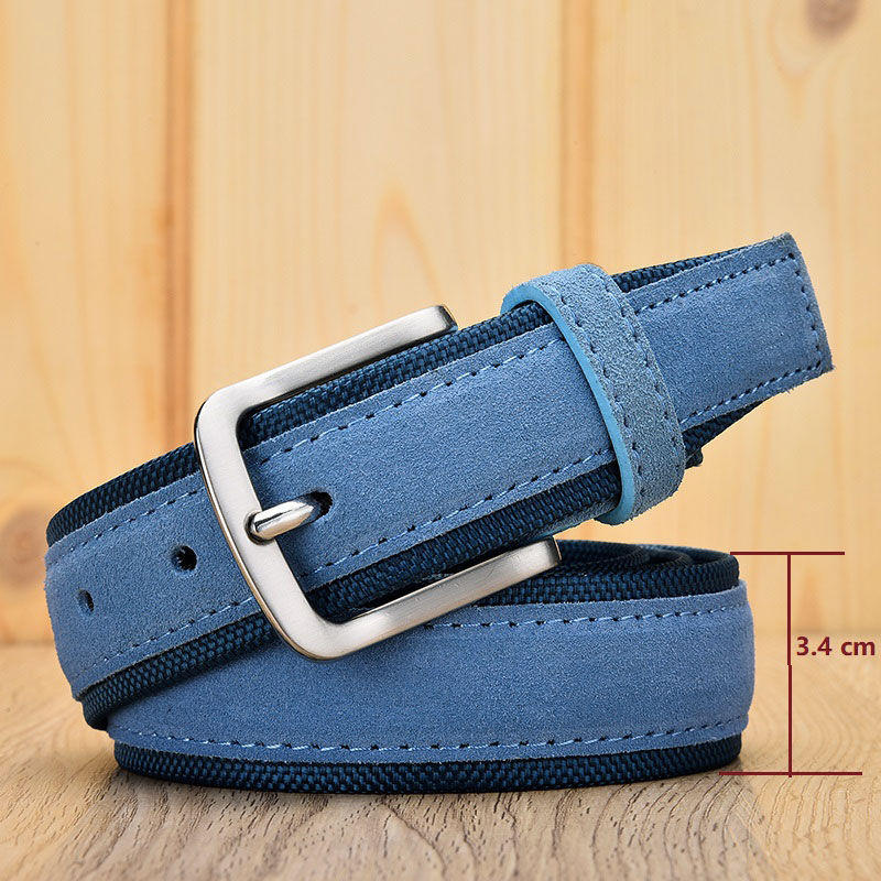 Thumbnail: Men Suede Leather Belt With Oxford Genuine Leather Pin Buckle Blue Belts 