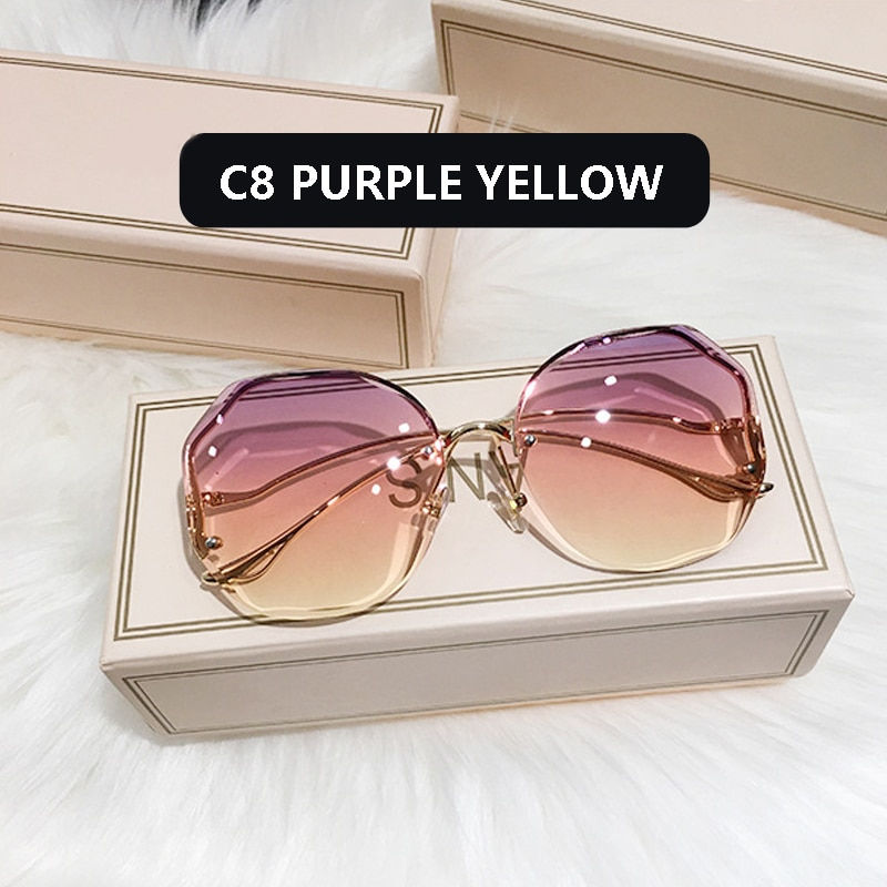 Thumbnail: 2022 Fashion Tea Gradient Sunglasses Women Ocean Cut Metal Curved Sun Glasses