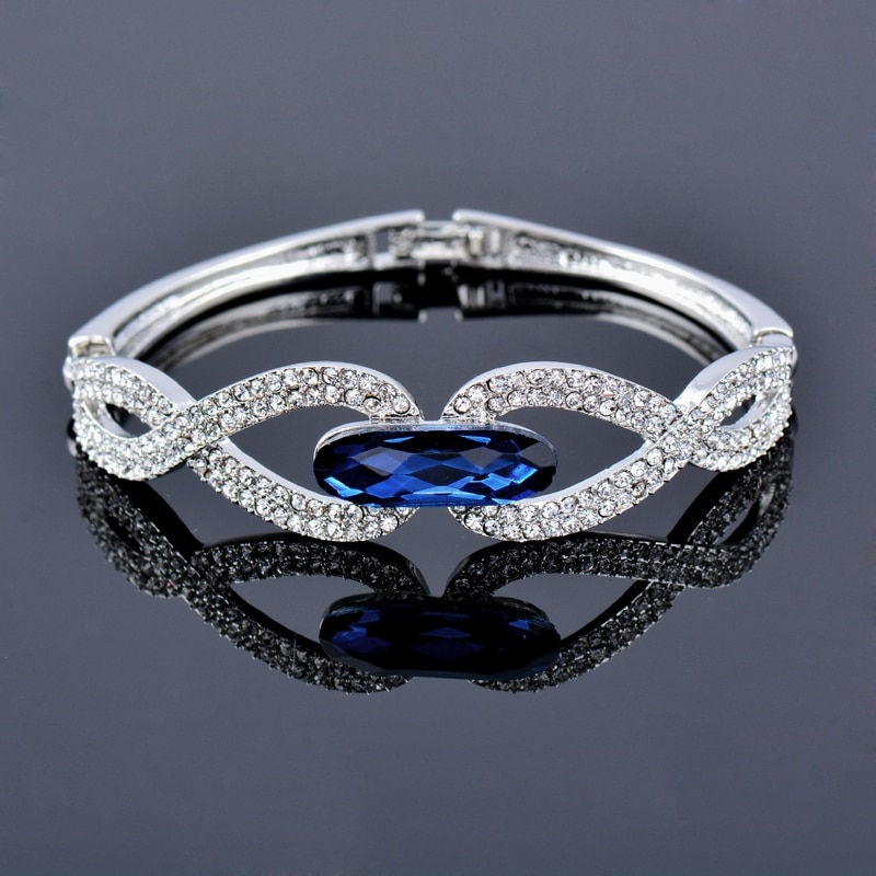 Thumbnail: SINLEERY Charm Cubic Zirconia Blue Flowers Bangles For Women Silver 