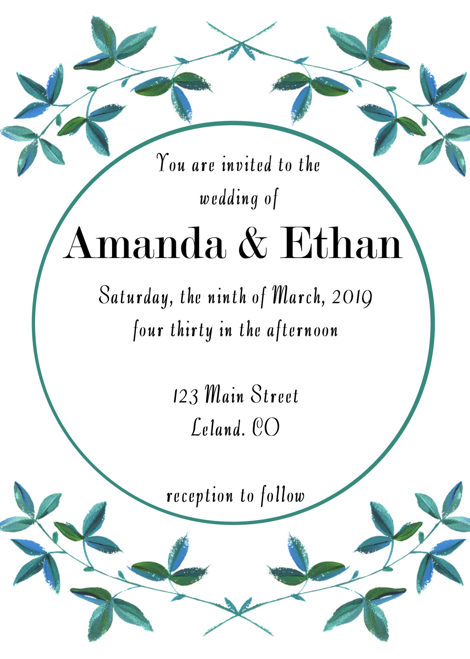 Teal Leaf Border Wedding Invitation Package