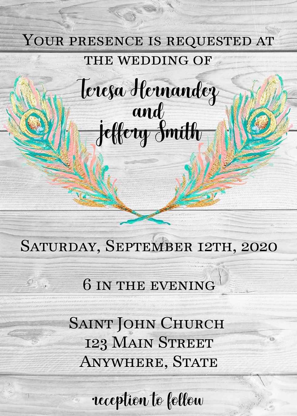 Teal and Pink Feather Wedding Invitation