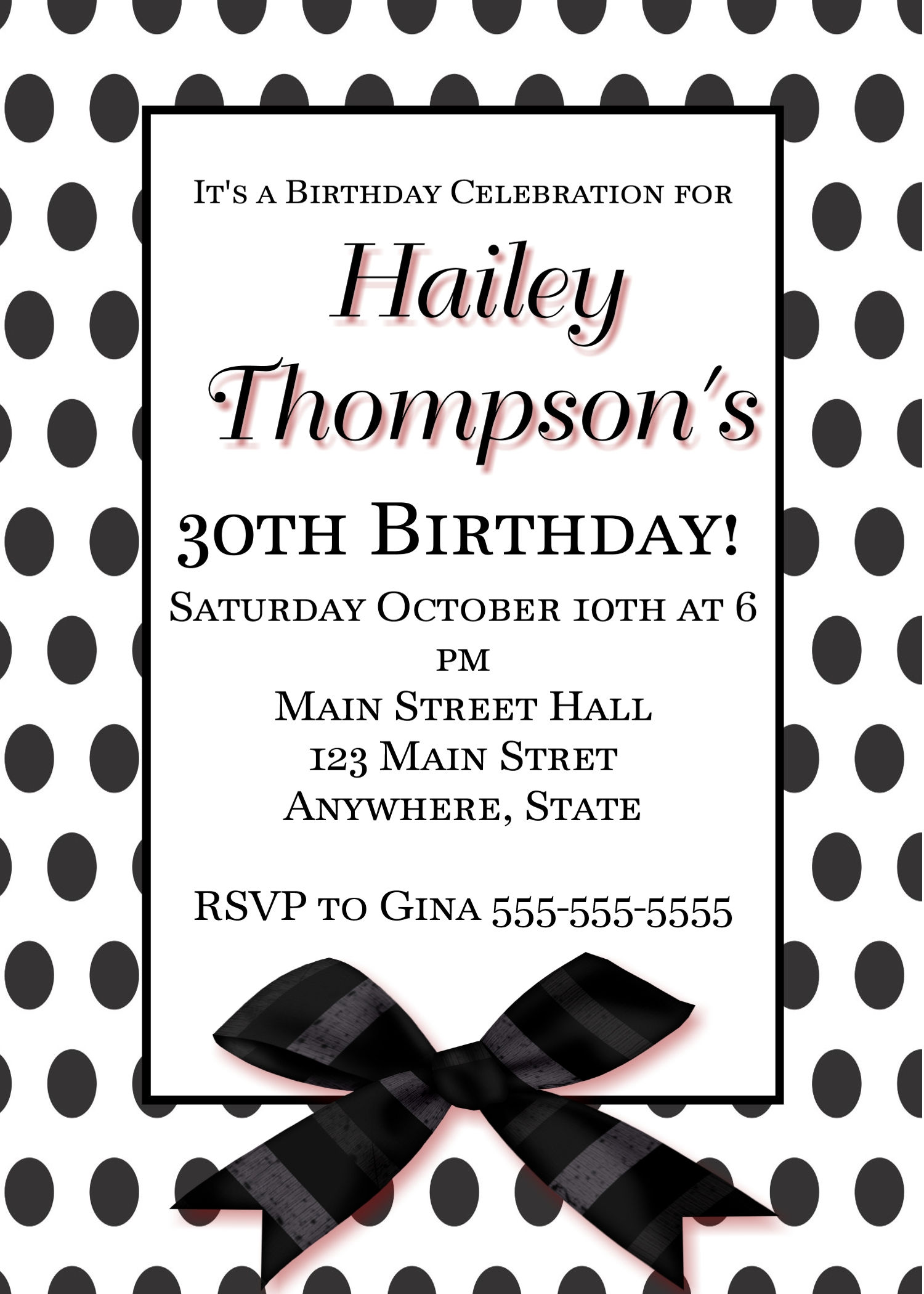 Black Polka Dot and Bow Birthday Invitation