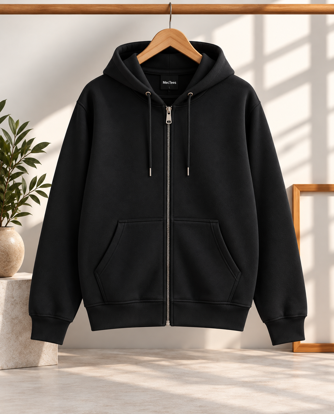 MecTees Siyah Unisex Fermuarlı Kapüşonlu Sweatshirt – Normal Kalıp