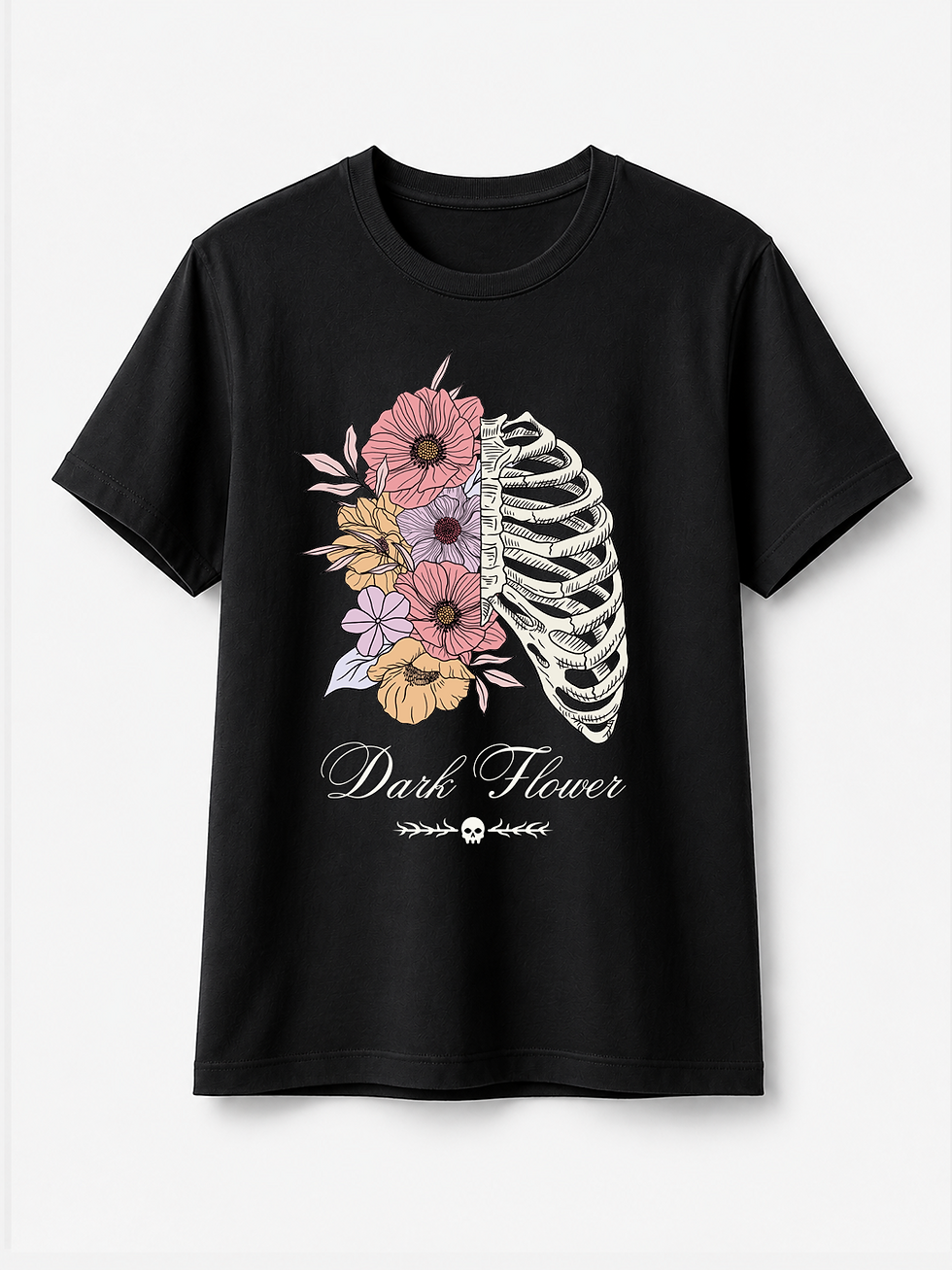 Küçük resim: MecTees Dark Flower (Gotik Çiçek Baskılı) Unisex Oversize Tişört 