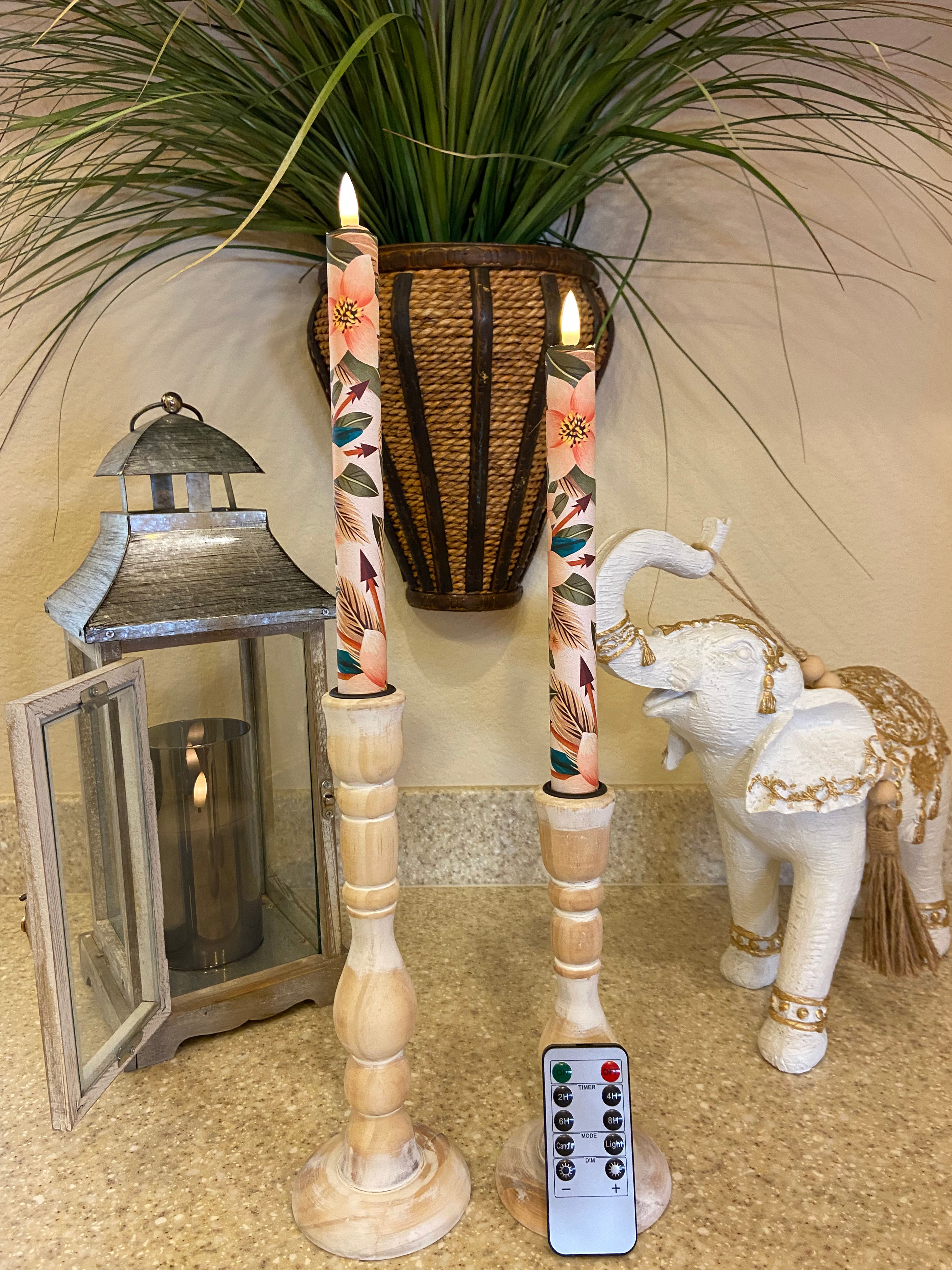 Boho Chic Flameless Taper Candles, Wax LED Candles Set of 2 with Remote