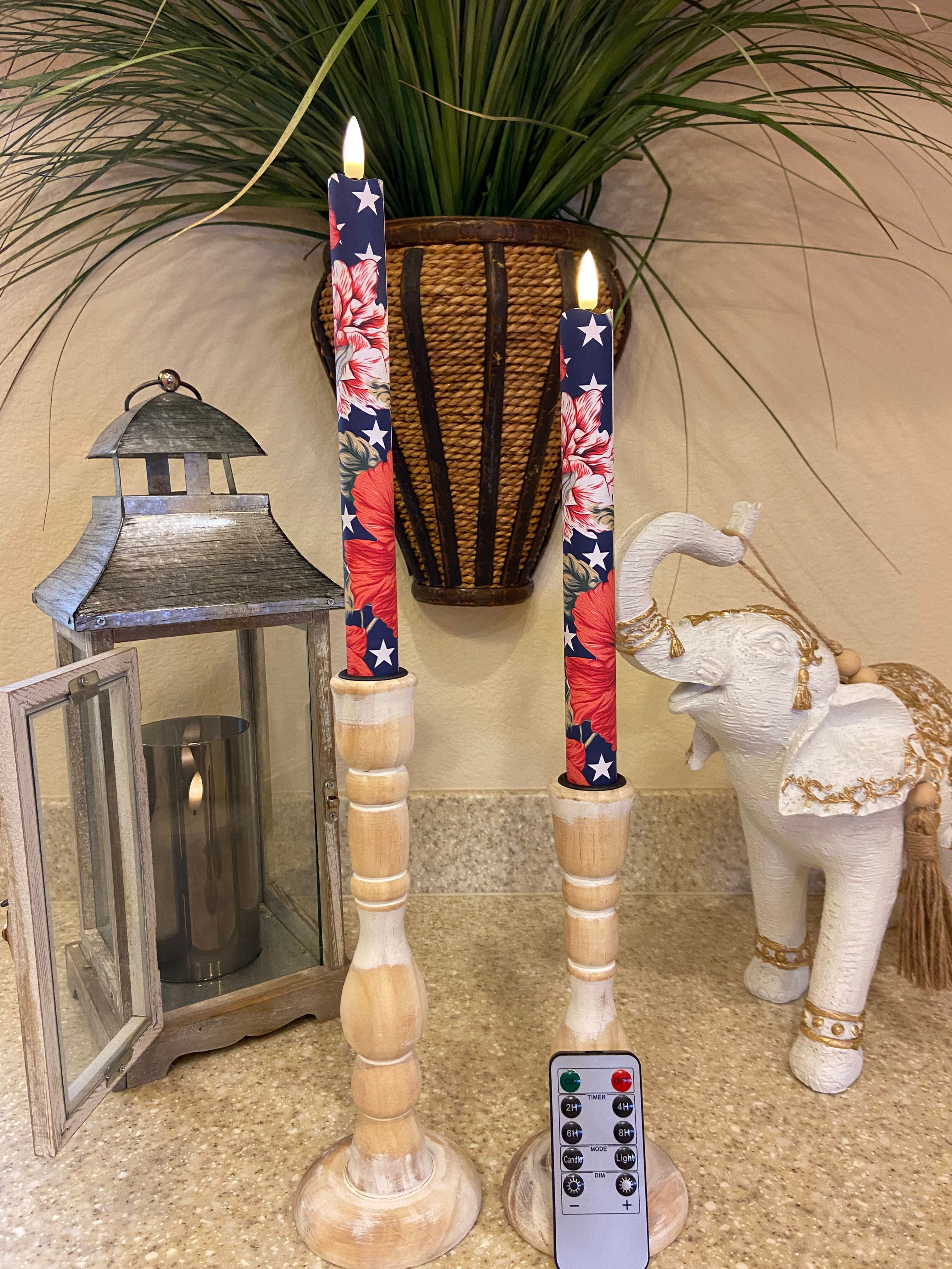 Patriotic Hibiscus (large) Flameless Taper Candles, Wax LED Candles Set of 2