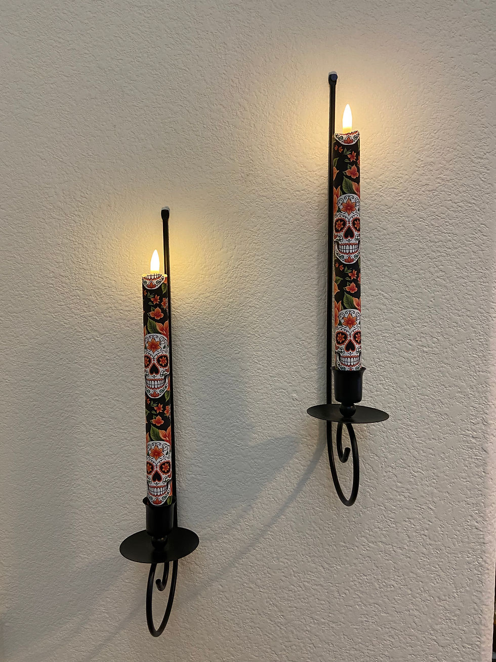 Thumbnail: Tropical Sugar Skull, Flameless Taper Candles, Set of 2 with Remote