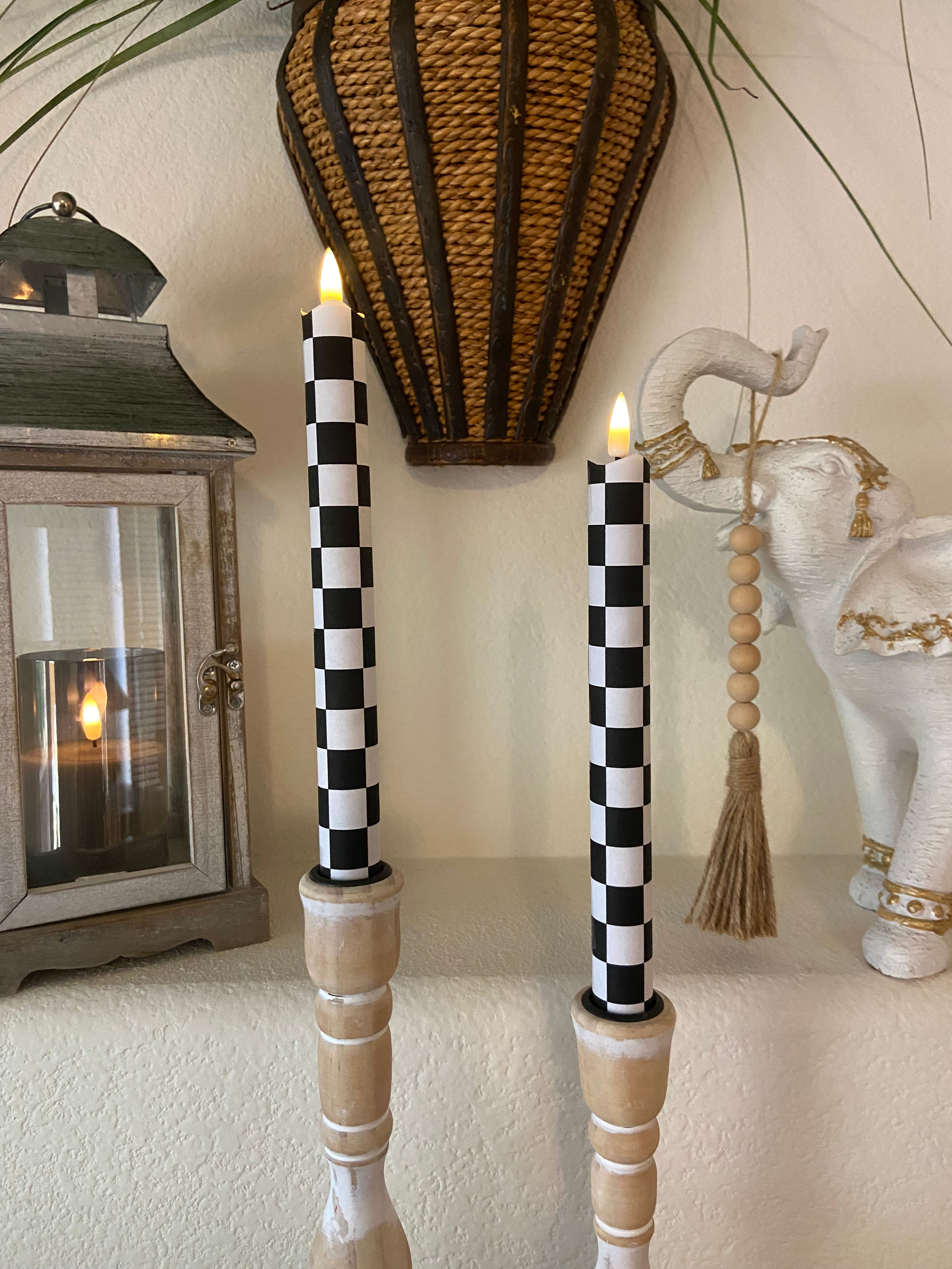 Black and White Checkered Flameless Taper Candles, Set of 2 with remote