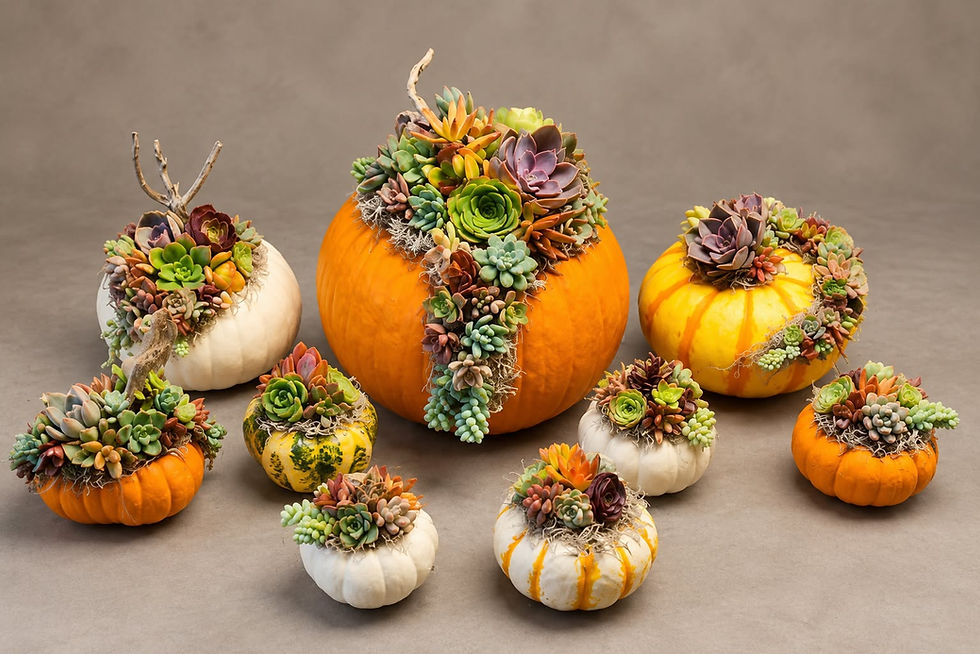 Handcrafted succulent pumpkins with colorful botanical arrangements