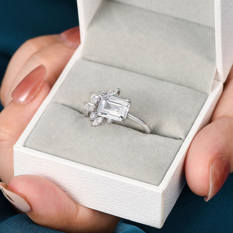 Miniaturbild: 925 Sterling Silver East To West Ring Emerald Cut Solitaire Wedding Engagement R