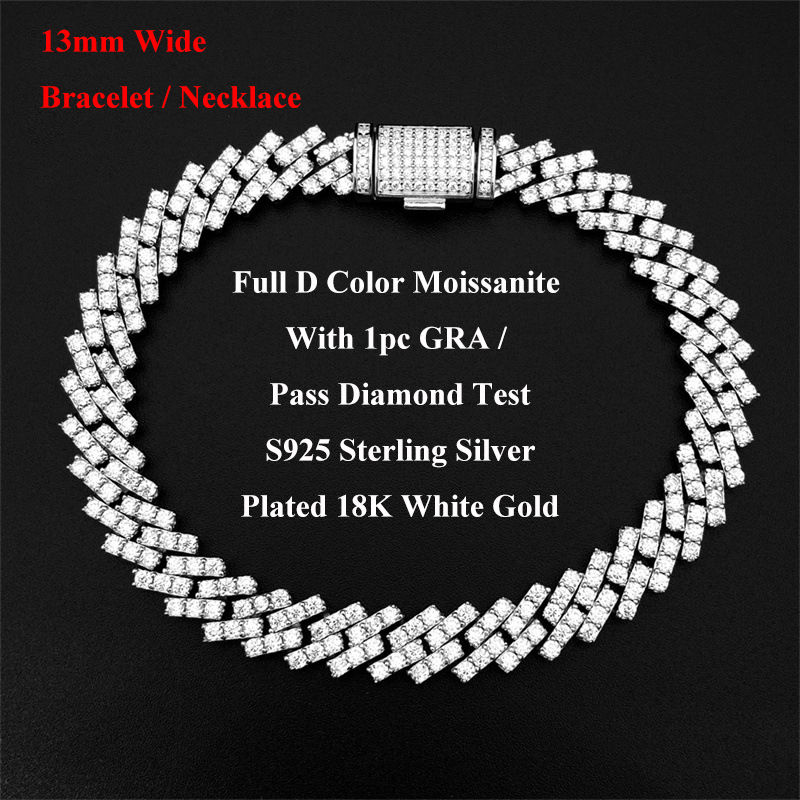 Miniature : One Row 6/8/10/13mm Real Full Moissanite Cuban Neck Chain Bracelet for Men Women