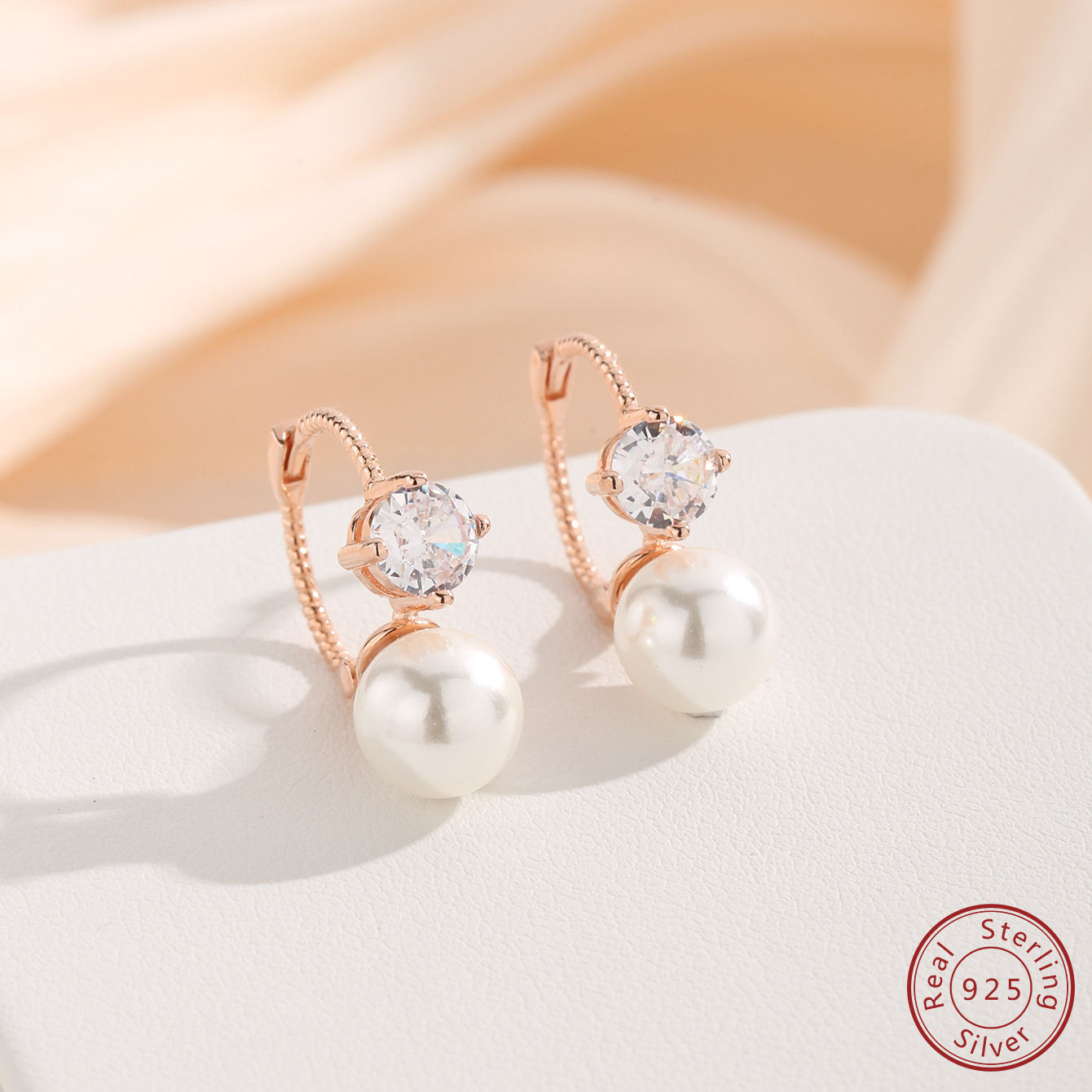 925 sterling silver rose gold zircon pearl earring for women's fashion jewelry