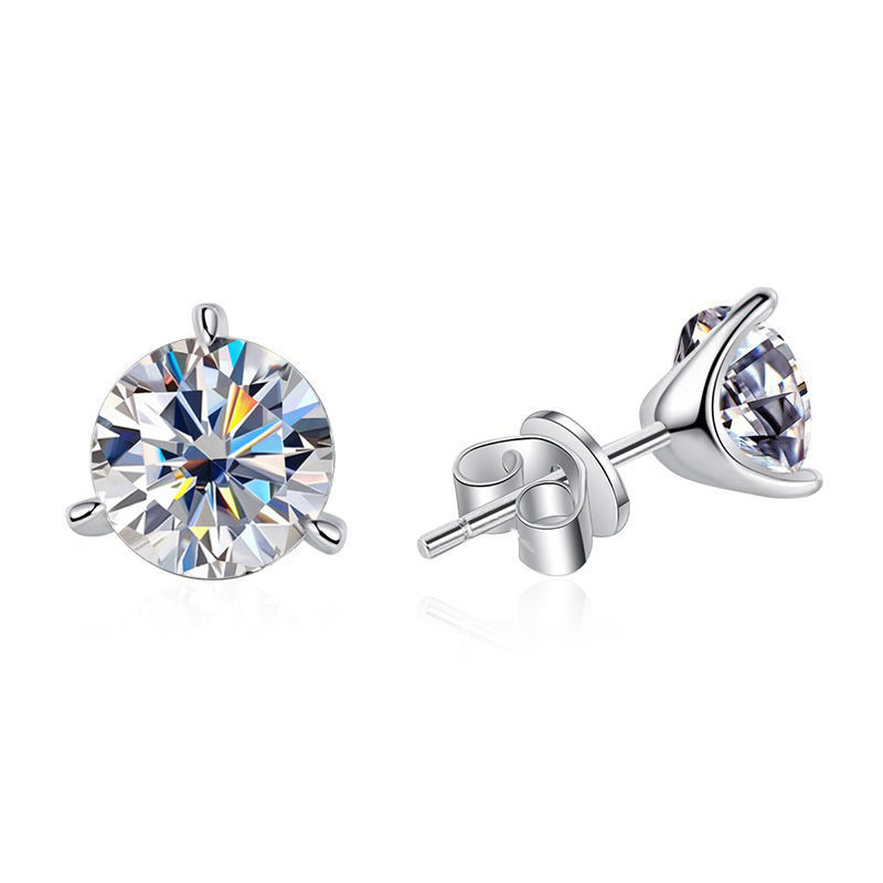 Miniaturbild: 925 Sterling Silver 3 Prong Moissanite Stud Earrings 1ct D VVS1 Diamond with GRA