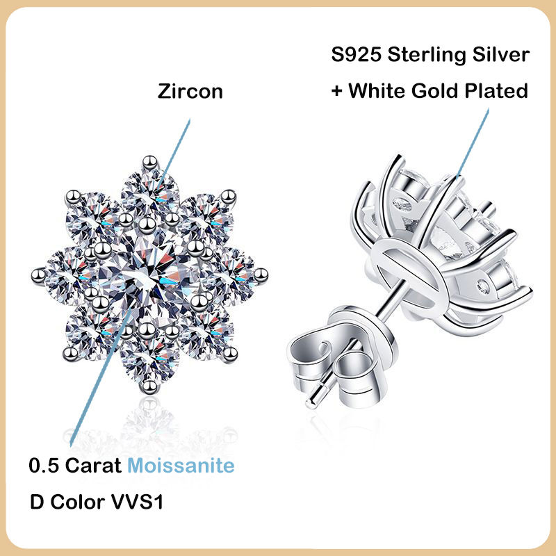 Miniature : 1CT GRA Certified Moissanite Stud Earrings For Women Party Fine Jewelry Sunflowe