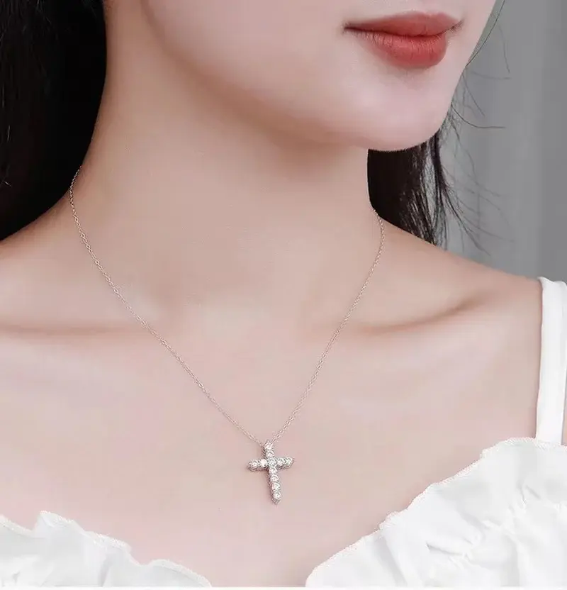 Thumbnail: Real Moissanite Jesus Cross Pendant Necklace for Women 925 Sterling Silver 2.5 3
