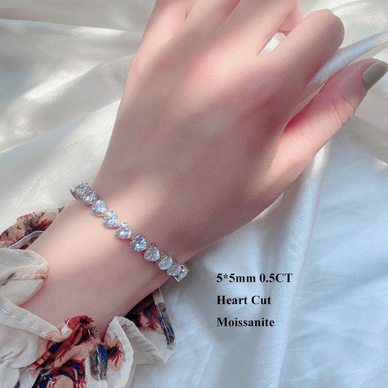 Thumbnail: Full 5*5mm 0.5CT D Color Heart Cut Moissanite Tennis Bracelet for Women 925 Silv