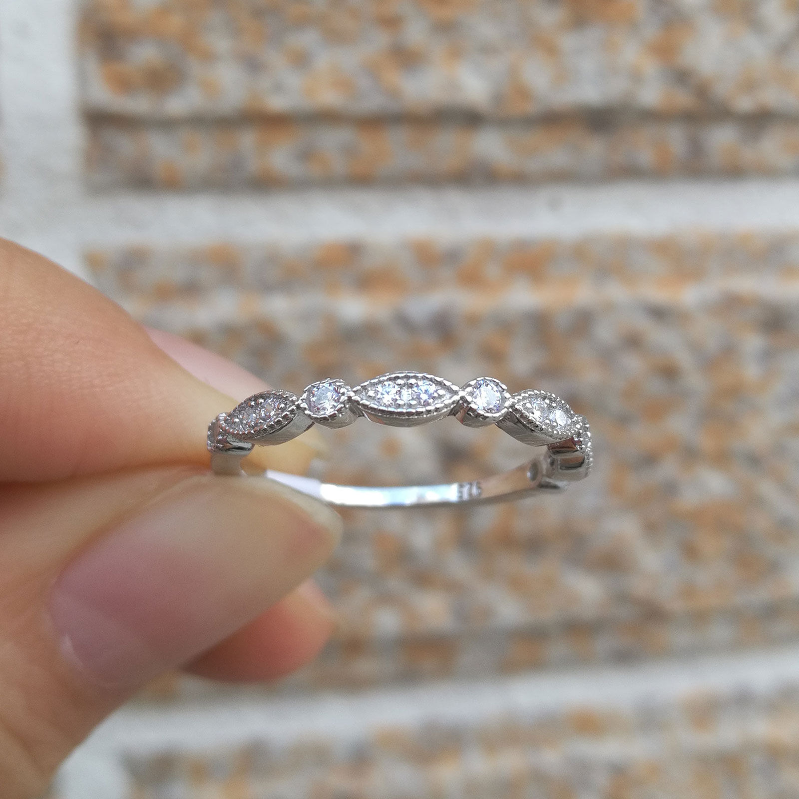 Genuine 925 Sterling Silver Art Deco Wedding Ring Engagement Band For Women AAAA