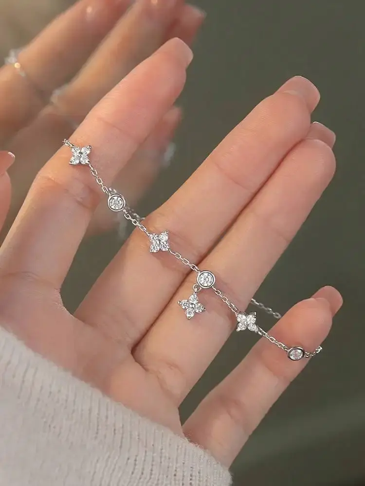 Miniaturbild: 925 Sterling Silver Vintage Four Leaf Clover Zircon Bracelet For Women & Girls