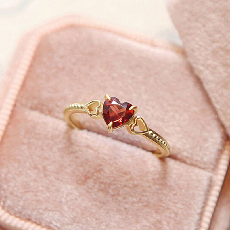 Miniature : Red Zircon Love Heart Hollow Ring for Women Real 925 Sterling Silver Rings