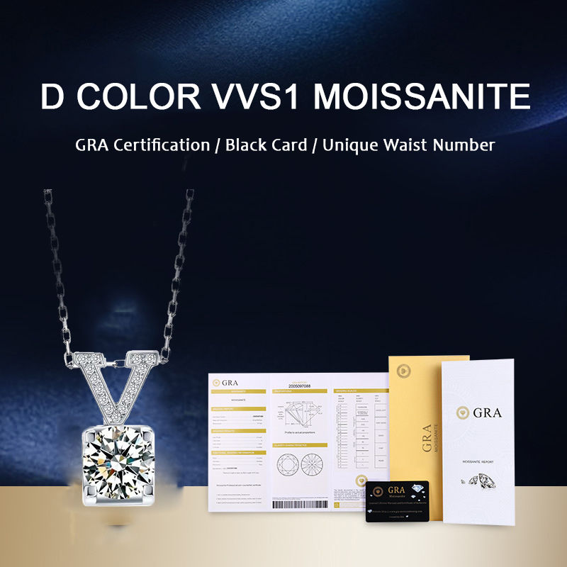 Miniaturbild: 1ct Sterling Silver Moissanite Diamond V Letter Pendant Necklace 14K White Gold 