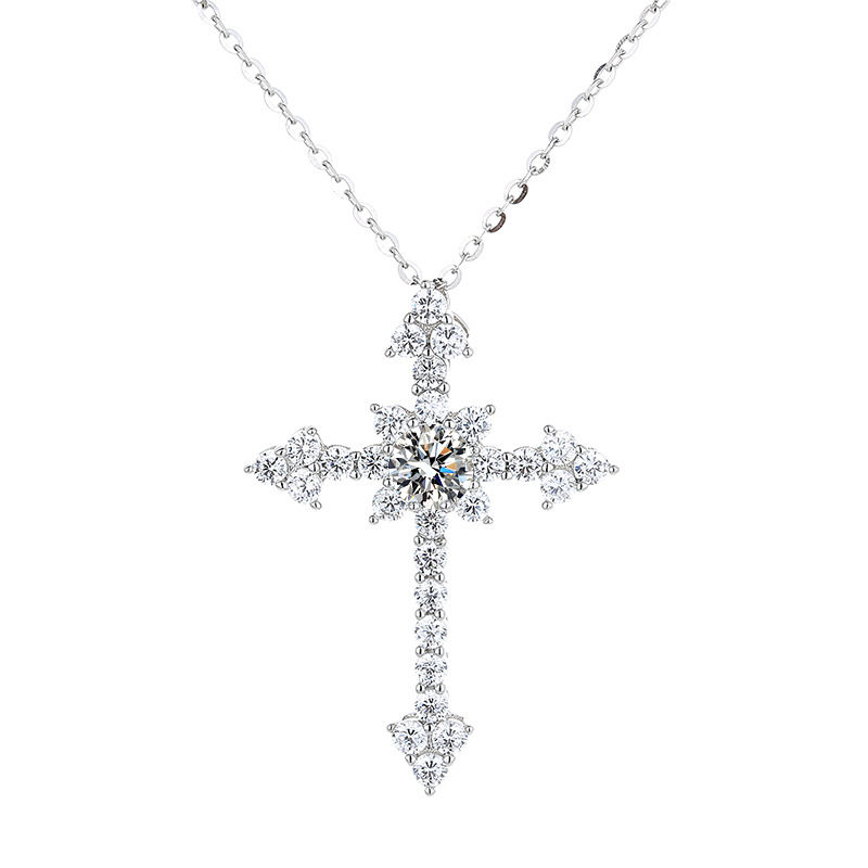 Thumbnail: 100% Sterling Silver Cross Necklace for Women 1CT VVS Lab Moissanite Diamond