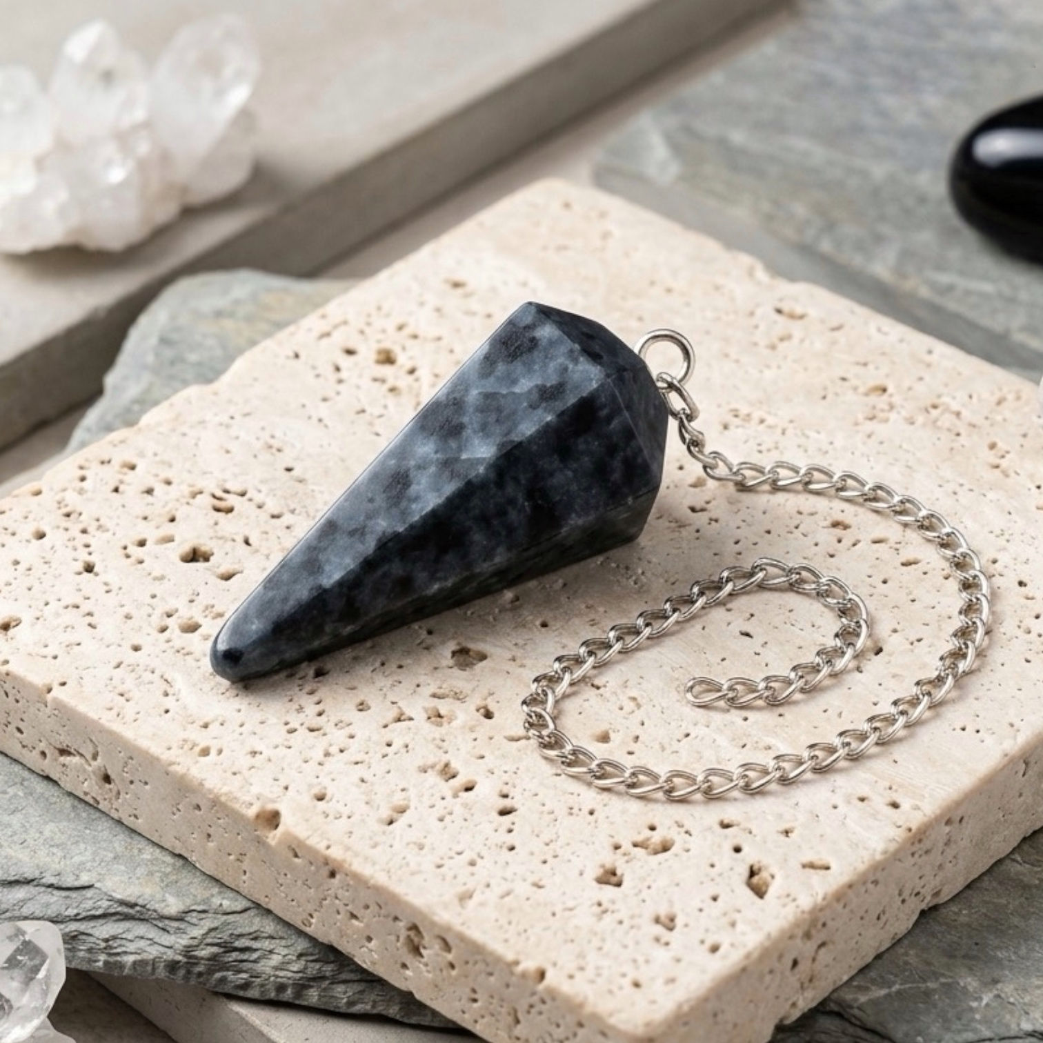 Larvikite Pendulum | Black Labradorite Crystal | Grounding Reiki Dowsing Tool