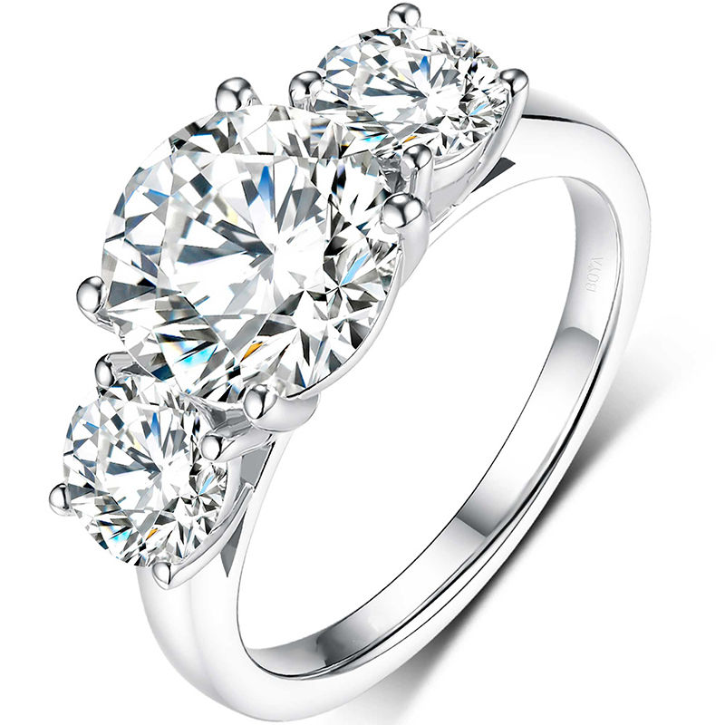 Miniature : 3 Stone Moissanite Engagement Rings for Women Silver Round Cut Moissanite Ring
