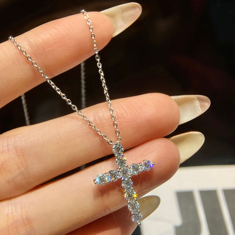 Miniatura: Full Moissanite Cross Pendant Necklace Original 925 Sterling Sliver Chain Plated