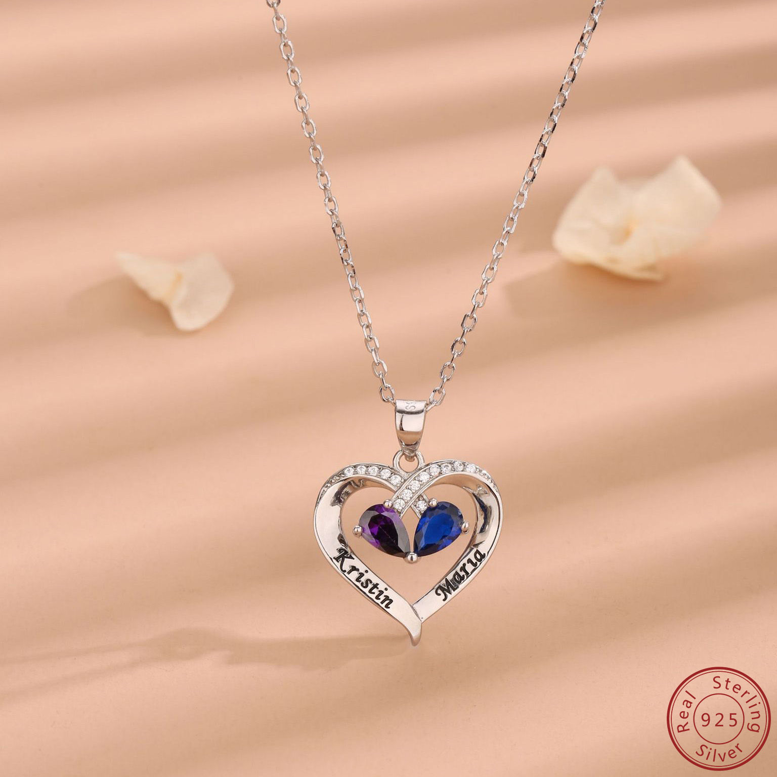 925 Sterling Silver Couples Necklace Hollow Heart Pendant Inlaid with Amethyst