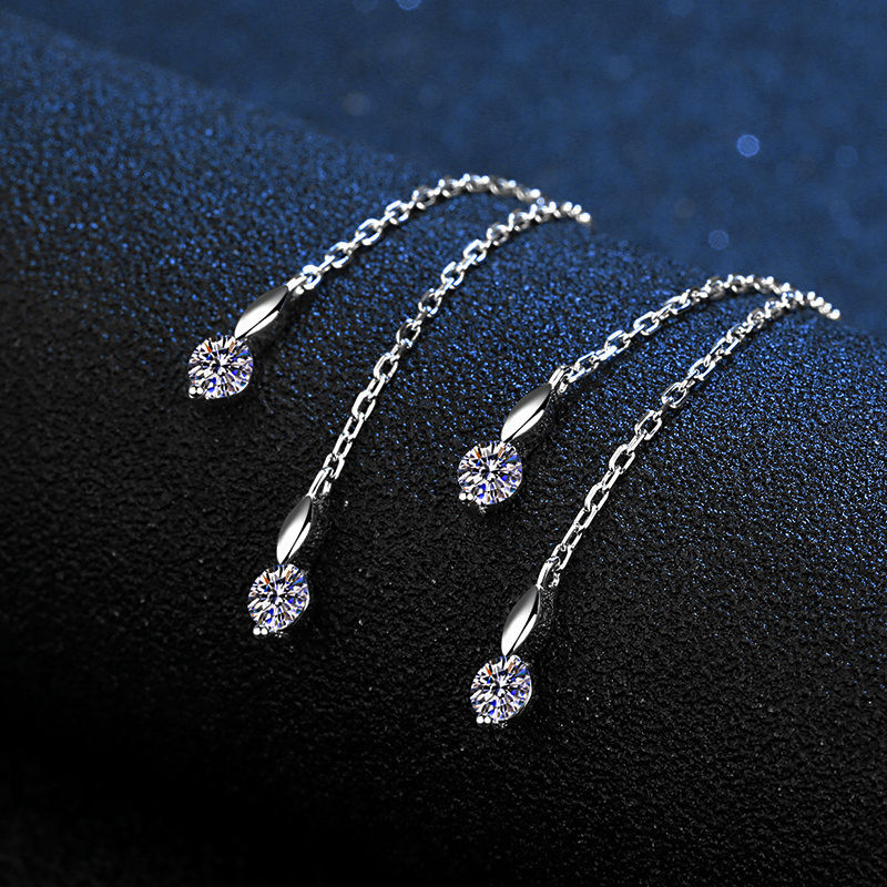 Thumbnail: 925 Sterling Silver Heart Tassel Earrings 1 CT Round Cut Moissanite Lab Diamond