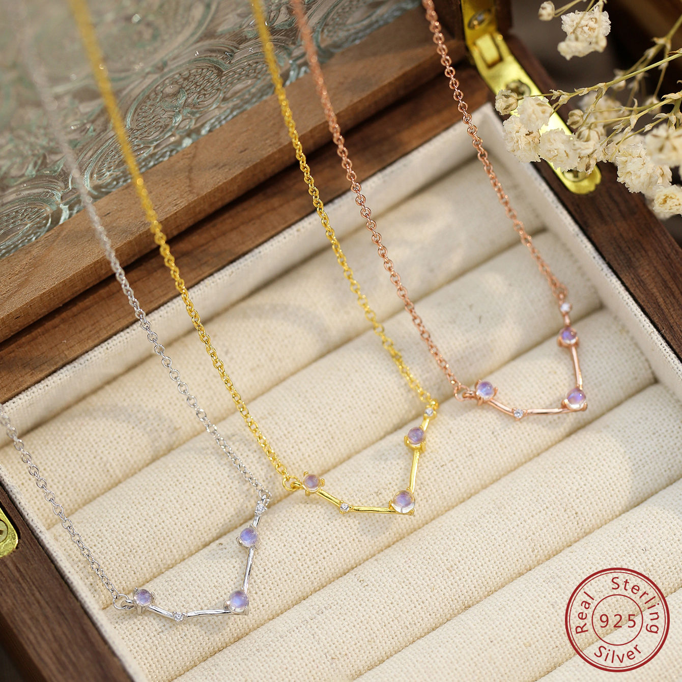 New Twelve Constellations Moonlight Stone Necklace 100% S925 Sterling Silver