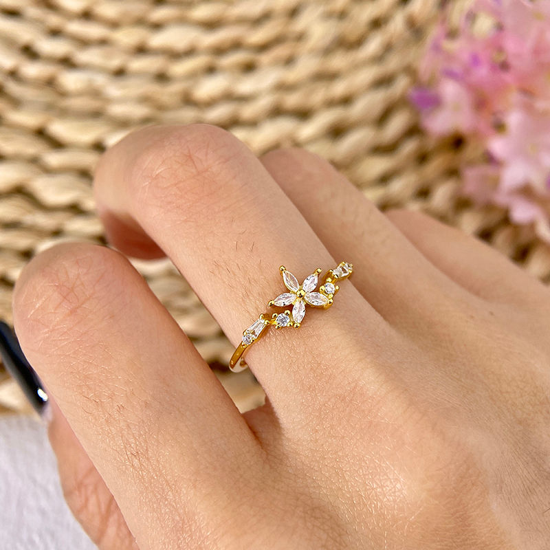 Miniature : White Zircon Personalized Five Petal Ring for Women 925 Sterling Silver Ring