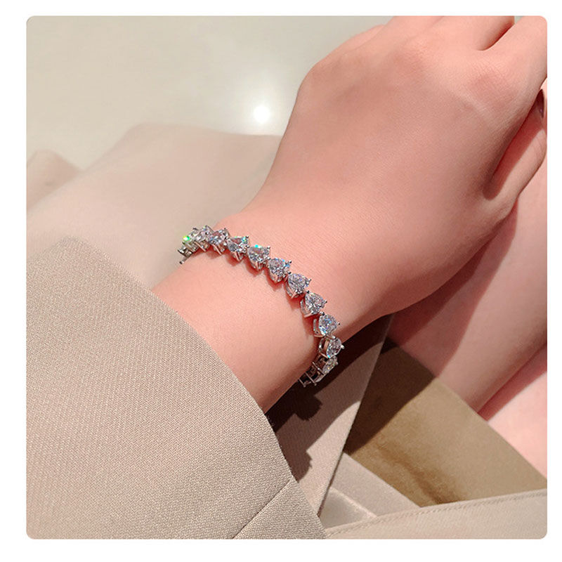 Miniature : 925 Sterling Silver High Carbon Diamond Heart Bracelet 6MM Simple Light Luxury B