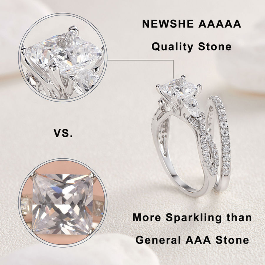 Thumbnail: 2 Pcs Wedding Ring Set 925 Sterling Silver 1.7 Ct Princess Pear Cut AAAAA CZ Eng