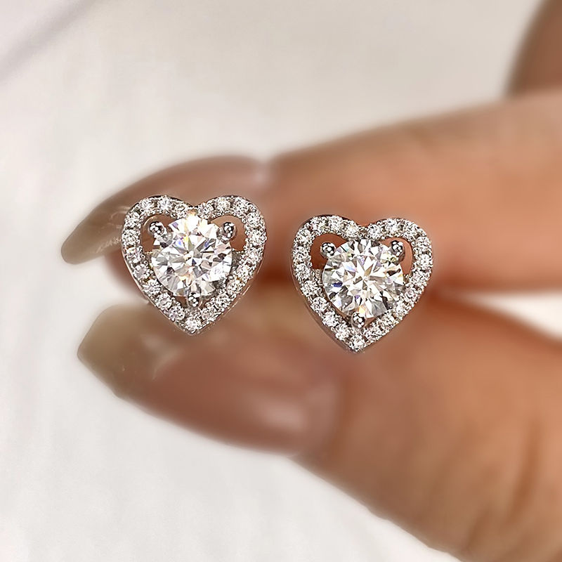 Miniature : Real 0.5CT D Color Moissanite Diamond Heart Halo Stud Earrings for Women 925 Sil