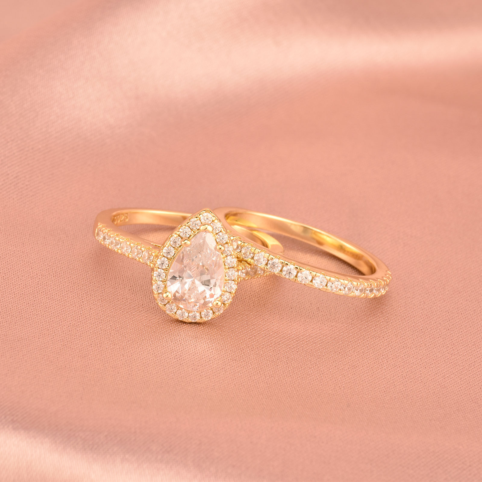 2 Pcs Yellow Gold Color Wedding Rings Set Solid 925 Sterling Silver 3Ct Halo AAA