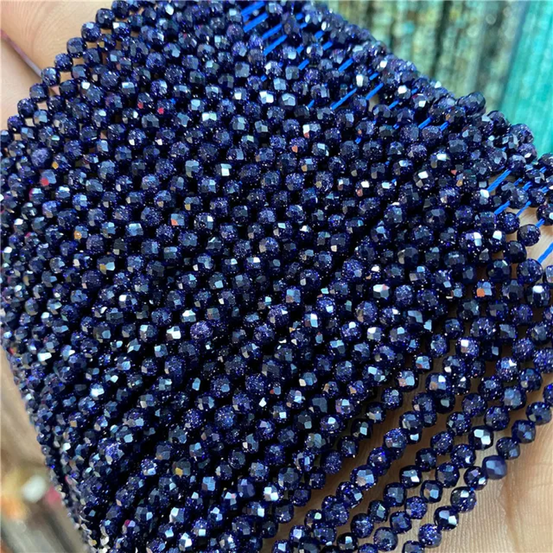 الصورة المصغرة: 2/3MM round Faceted Gem Bead Natural Small Sapphire Stone Bead Necklace Jewelry 
