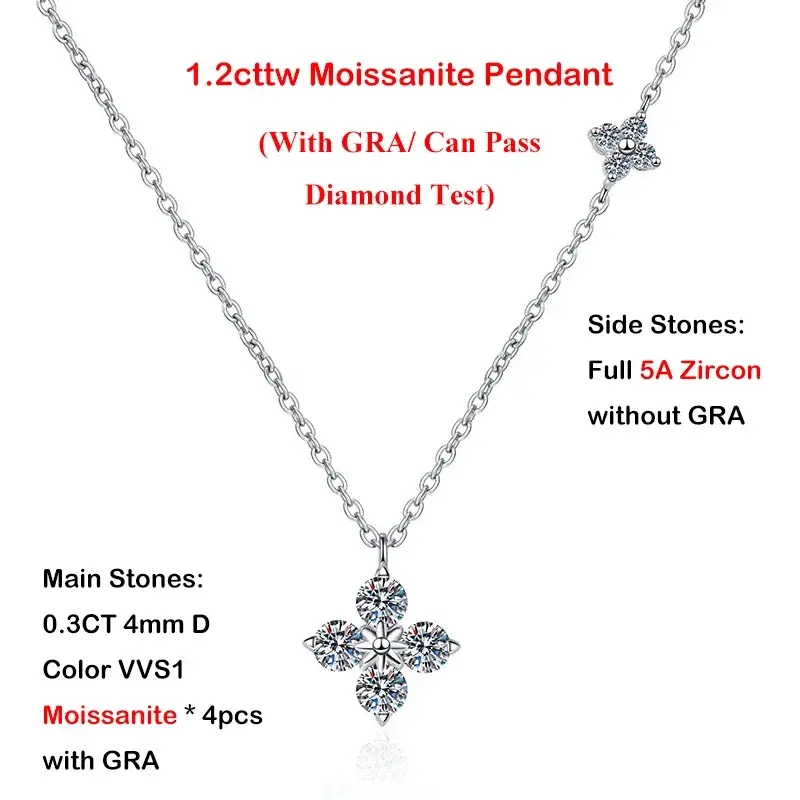 الصورة المصغرة: Sparkling 1.2cttw Clover Moissanite Pendant Necklace for Women S925 Sterling Sil