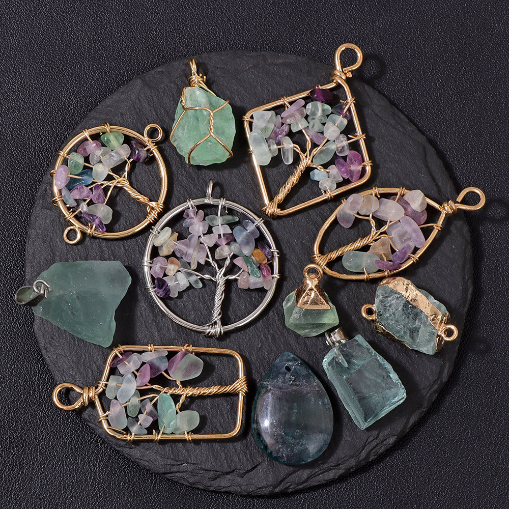 5pcs Fluorite Stone Pendant – Natural Tree of Life Charms for DIY Jewelry